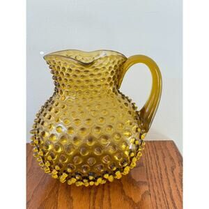 RARE Hobbs Brockunier Olive Green Glass Dewdrop Hobnail Handled Pitcher Jug